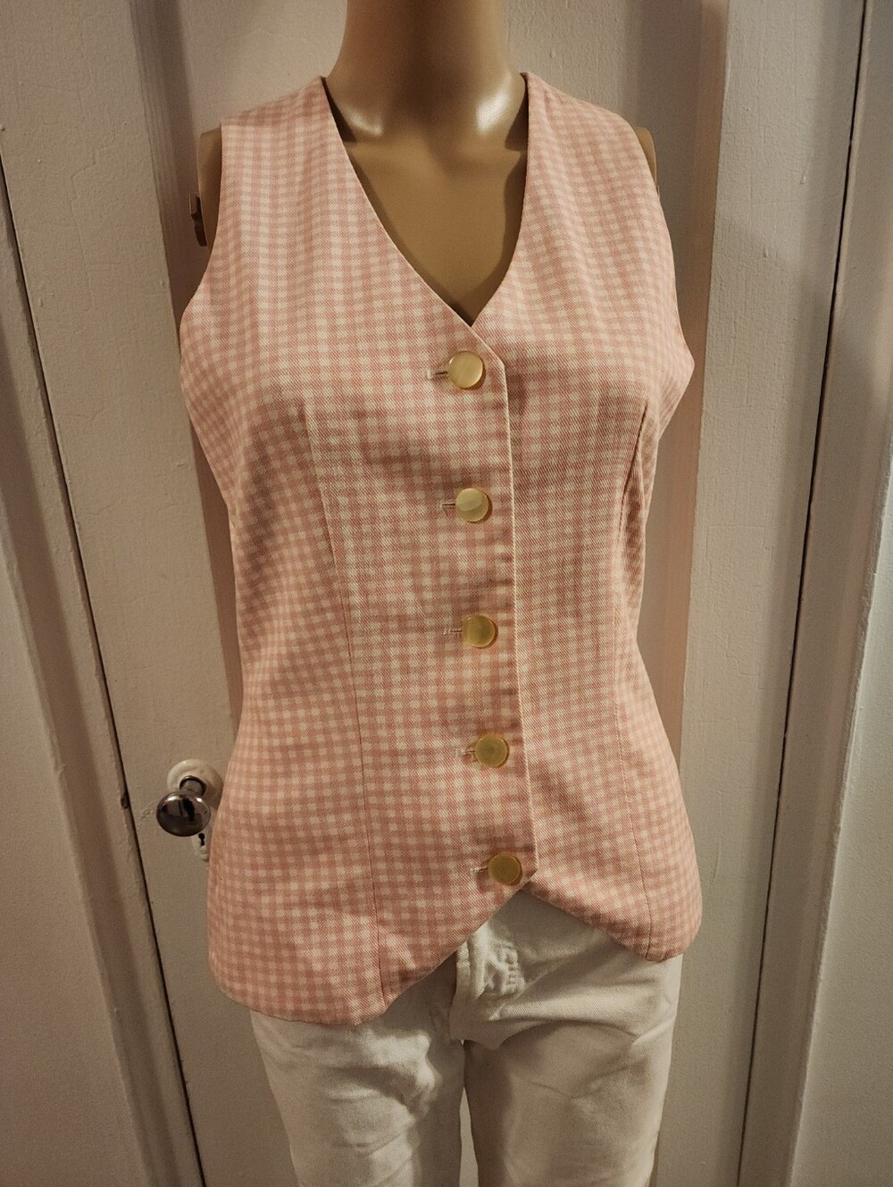 Vintage 1990s Pink/white Vest Houndstooth/Check Size XS Button Front Lined